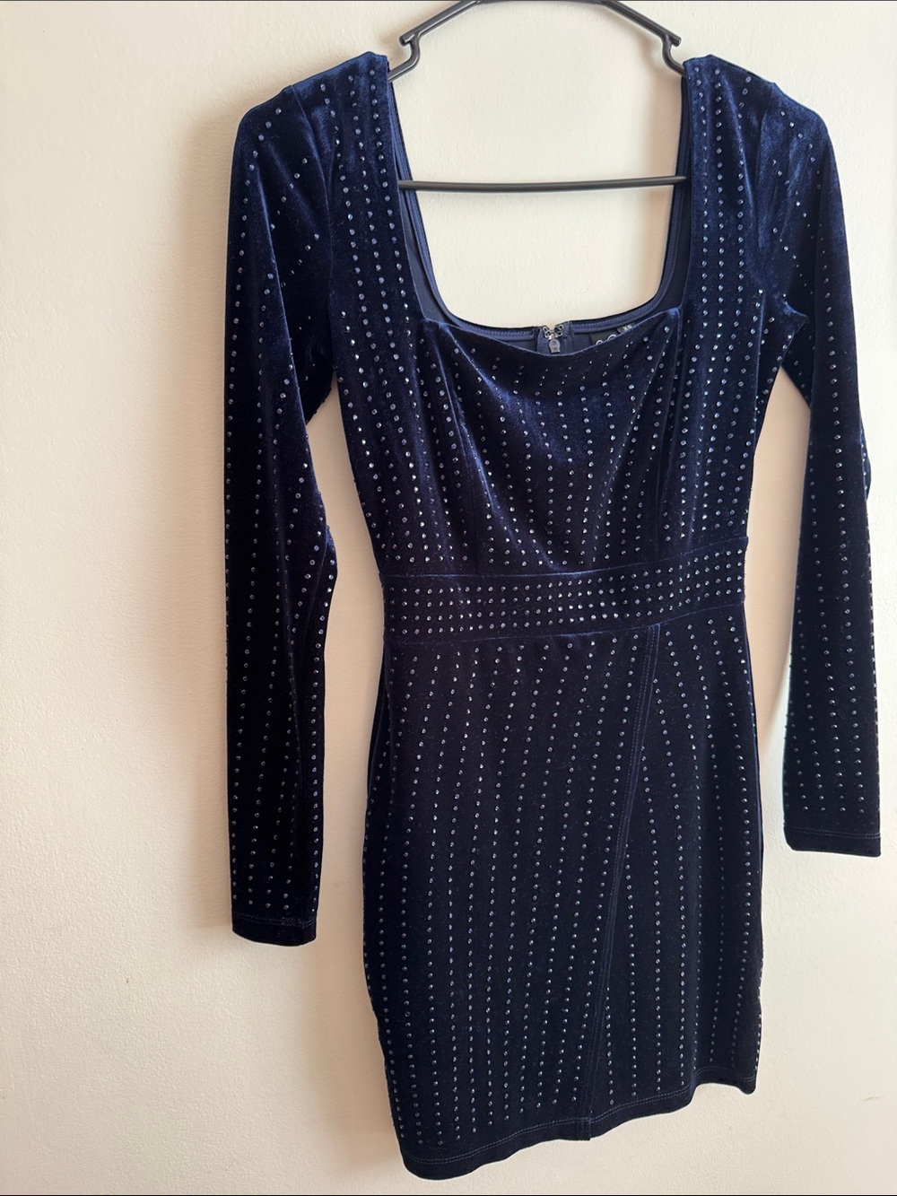 Windsor Navy Velvet Long-Sleeve Rhinestone Bodycon Dress